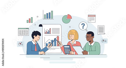 Professionals collaborating on data analysis and business strategy in a modern office environment from a slightly elevated viewpoint