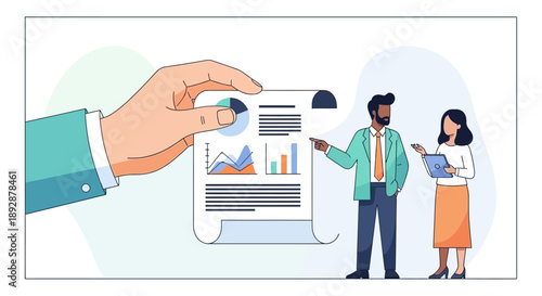 Professional duo collaborating on business analysis with graphical data on a digital tablet