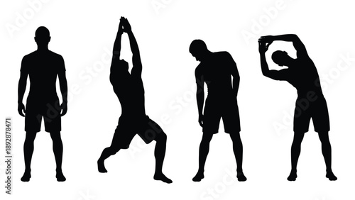 Silhouette series depicting a man performing a sequence of stretching exercises
