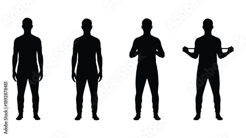 Four silhouetted figures demonstrate progressive exercise poses depicting fitness and strength