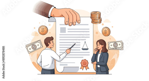 Business professionals reviewing financial documents and coins in a modern office setting from an overhead viewpoint