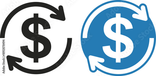 Dollar Coin Icon, two color icon, dual color, color variation, color version, black and white, blue and white, comparison, side by side, icon set, icon design, ui icon, user interface, web icon, app i