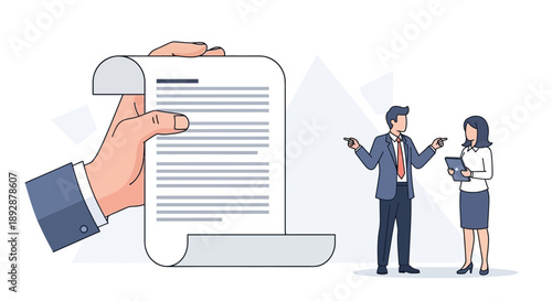 Business professionals discussing contract details near large document illustration