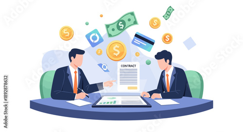 Business professionals collaborating on financial documents surrounded by currency symbols and digital icons in a modern office environment from a top-down viewpoint