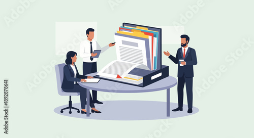 Business professionals collaborating at a desk with large documents and digital files in a modern office environment from a slightly elevated viewpoint