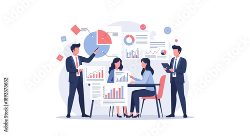 Business professionals collaborating around a table with charts and graphs in a modern office environment from a slightly elevated viewpoint.
