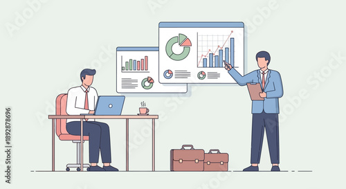 Two business professionals analyzing data on multiple screens in a modern office environment during a collaborative discussion