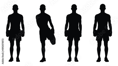 Four silhouettes of men demonstrating different athletic poses and stretches