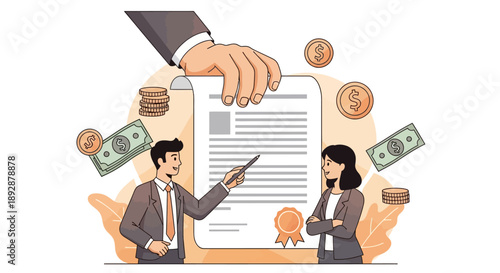 Business professionals reviewing financial documents together surrounded by money and coins in a collaborative office environment from an overhead viewpoint
