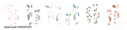 A collection of hand painted watercolor leaves in various styles and colors. This set features delicate botanical elements with soft pink, green, blue, purple, and orange hues.