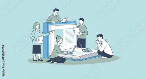 Group of people collaborating on a large document around a workspace with laptops and papers, viewed from above in a modern environment