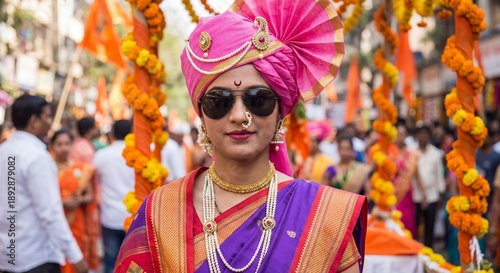 Portrait of young Indian woman wearing traditional Nauvari saree and pink turban with sunglasses at Gudi Padwa festival procession
