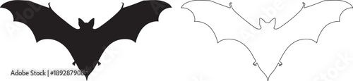 Black bat silhouette and outline on white background