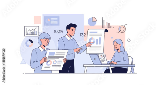 Business professionals analyzing data and discussing insights in a modern office environment from a slightly elevated viewpoint imagefx_vnln4p_via_RJ.