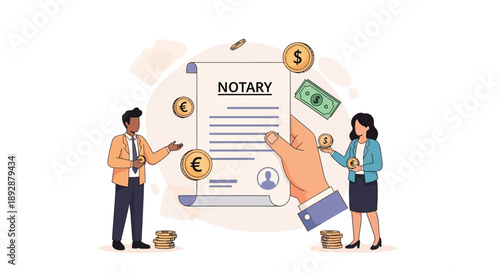 Man and woman exchanging money in front of a notary document illustration