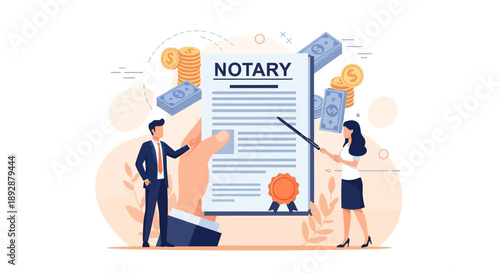 Notary public witnessing document signing with clients in professional attire standing beside large document illustration
