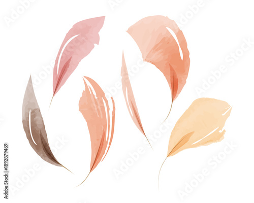 Five delicate watercolor leaves float gracefully against a bright white background. They show a mix of pastel pink, orange, peach, and brown hues. This artistic set captures a gentle, natural feel.