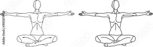 Black line of two faceless female figures sitting in lotus position with arms outstretched line black and white
