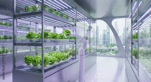 Futuristic indoor hydroponic farm with robotic arm and cityscape view