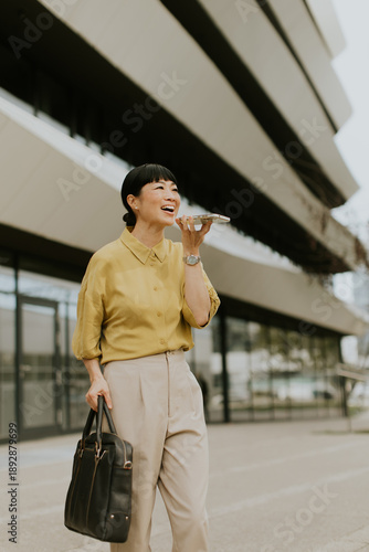 Cheerful woman walking outs...