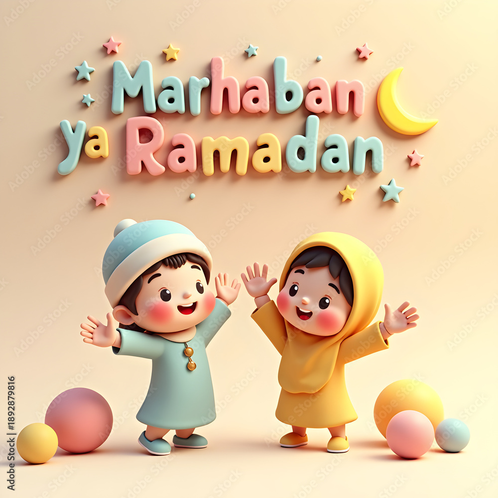 Fototapeta premium Marhaban ya Ramadan 3D illustration of cute Muslim children celebrating Ramadan with joyful Islamic theme
