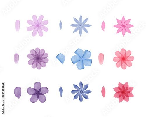 Watercolor flowers and individual petals are hand painted in various shades of pink, blue, and purple.