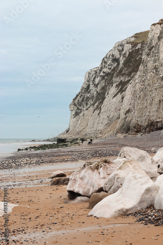View of the beach and white cliffs of Cap Blanc Nez near Sangatte in Northern France. Copy space above left.