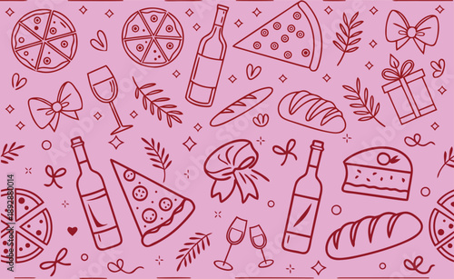 Festive hand-drawn party icons pattern on a vibrant pink background, featuring delicious food, beverages, and celebratory decorations perfect for birthdays and special occasions