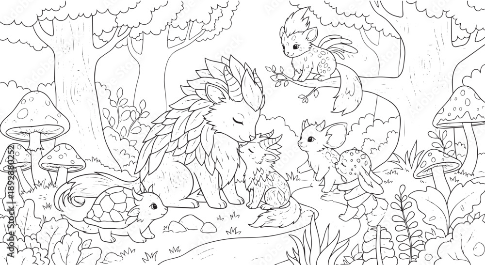 Naklejka premium Enchanted Forest Scene with Mythical Creatures and Mushrooms Coloring Page