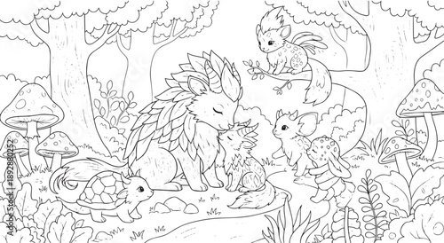 Enchanted Forest Scene with Mythical Creatures and Mushrooms Coloring Page