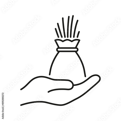Wheat Sack In Hand Line Icon. Farming Crop And Food Resource Outline Symbol. Rural Agriculture And Nutrition Supply. Editable Stroke. Isolated Vector Illustration