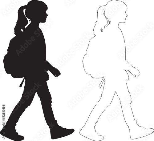 Black silhouette and line of girl walking with backpack line girl