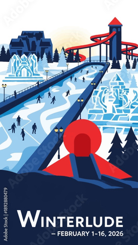 Vibrant winter scene with ice skating rink and roller coaster