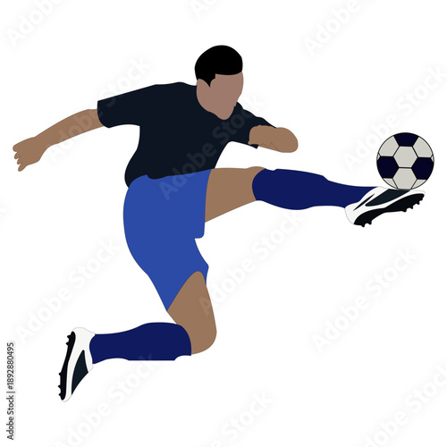 Dynamic soccer player kicking a football, modern flat vector illustration of an athlete in action. Ideal for sports design, football concepts, posters, apps, websites, and athletic branding.