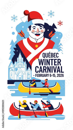 Vibrant Quebec Winter Carnival poster with colorful canoes and festive atmosphere