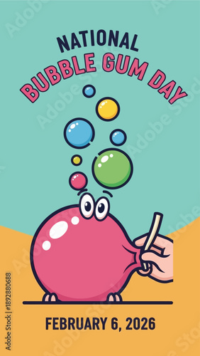 Colorful cartoon character celebrating National Bubble Gum Day on February 6