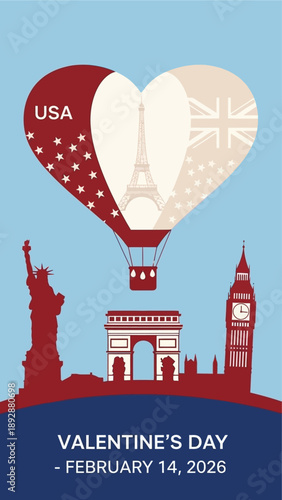 Romantic Valentine's Day celebration with iconic landmarks and heart-shaped hot air balloon