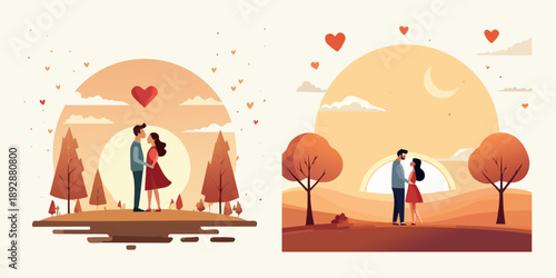 Vector illustration of a romantic couple and family under a moonlit tree with gifts and an autumn tree silhouette against a starry night sky