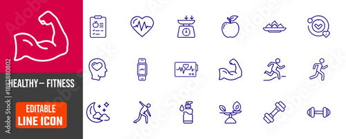 Healthy Fitness Icons Set Editable Line Icons for Wellness and Exercise