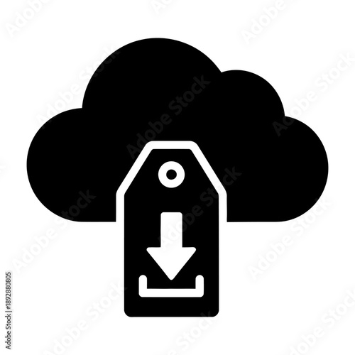 Cloud Download Tag Glyph Icon. Solid black vector symbol representing data download from cloud storage with a price tag or metadata label, isolated on white background.