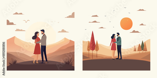 Vector illustration of a romantic couple and family under a moonlit tree with gifts and an autumn tree silhouette against a starry night sky