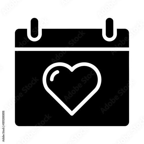 Calendar with heart icon. Solid black silhouette vector illustration. Symbol for Valentine's Day, anniversary, wedding date, or romantic appointment. Flat design glyph.