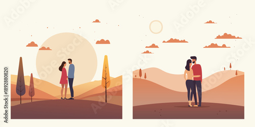 Abstract illustration of people silhouettes and a couple standing against a city background under a stylized sun and moon