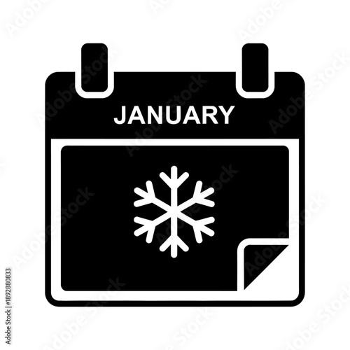 January calendar icon vector illustration. Flat black silhouette of a monthly planner page with a snowflake symbol representing winter season, cold weather and new year.