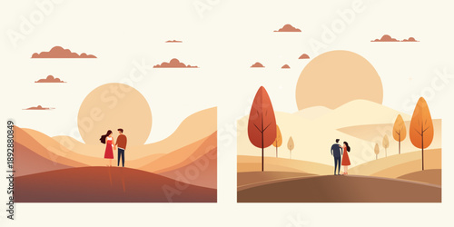 Vector illustration of a tropical landscape with mountains and trees featuring a family silhouette against an orange sunset beach with palm trees