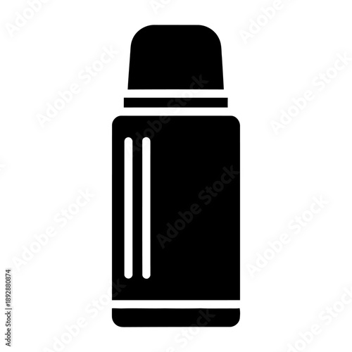 Thermos flask icon. Vector glyph illustration of a vacuum bottle for hot drinks like coffee or tea. Black silhouette isolated on white background. Travel equipment symbol.