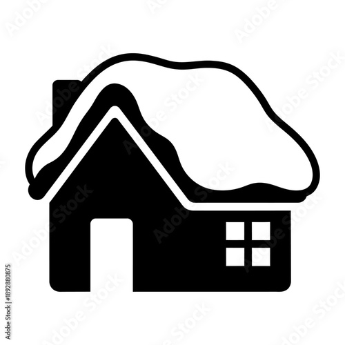 Winter house icon featuring a simple home silhouette with a thick layer of snow on the roof. Black and white vector illustration for cold weather, shelter, and holidays.