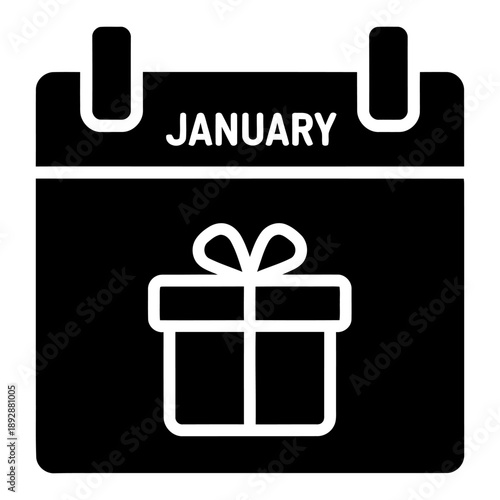 January calendar page icon with gift box symbol, representing a holiday, birthday, or special event date, solid black and white glyph vector illustration.