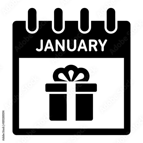 January calendar page icon featuring a wrapped gift box with a bow, symbolizing a special event, birthday, or holiday celebration in the first month of the year. Simple black glyph vector illustration