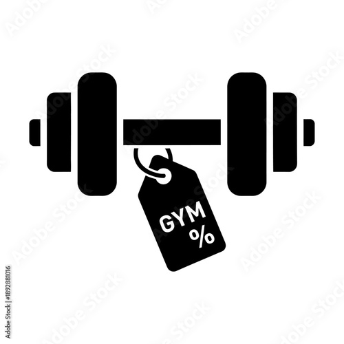 Black silhouette icon of a dumbbell with a price tag showing 'GYM %' symbolizing fitness discounts, gym membership promotions, or sports equipment sale vector illustration on white background.